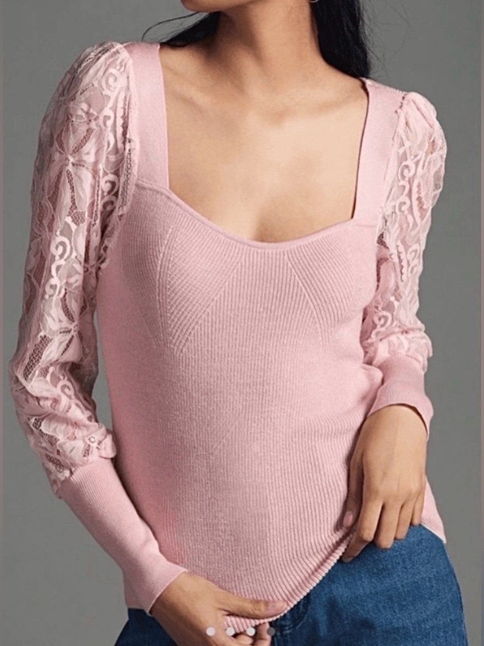 Anthropologie Ribbed Knit Top Lace Sheet Sleeves Sweetheart Neck Soft Pink Small